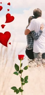 Couple embracing in a field with hearts and a rose, under a cloudy sky.