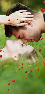 Romantic couple lying on grass in serene meadow.