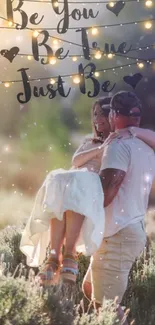 Romantic couple under pastel lights with inspirational text.