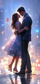 Romantic couple embracing in a rainy cityscape with vibrant lights.