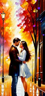 A couple embracing in a vibrant, artistically rendered autumn street scene.