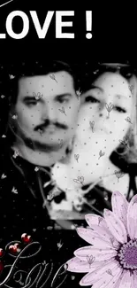 Romantic couple with love motif and floral design on a black background.