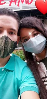 Romantic couple with face masks and a heart symbol, expressing 'Te Amo' love.