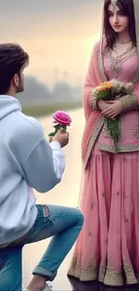 Romantic couple proposal scene in pink attire.