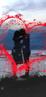 Silhouetted couple kissing inside a red heart on a twilight beach.