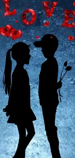 Romantic silhouette of couple with hearts and love text.