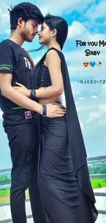 Romantic couple embraced against a sky backdrop on a mobile wallpaper.