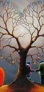 Couple under heart-shaped tree with lights in dreamy art wallpaper.