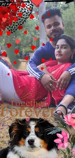 Romantic couple surrounded by hearts and nature with 'Together Forever' text.