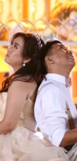 Romantic, serene couple in wedding attire seated back to back.