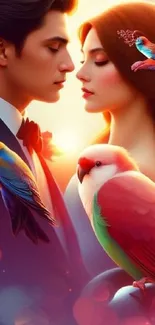 Romantic couple with colorful birds and vibrant orange hues.