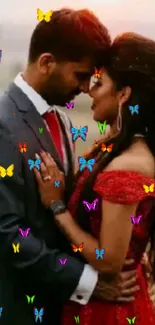 Romantic couple embracing with butterflies.