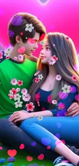 Romantic couple with pink heart and flowers wallpaper.