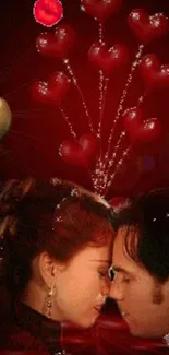 Romantic couple surrounded by red hearts, with sparkling effects.