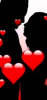 Silhouette of couple with red hearts, romantic wallpaper.