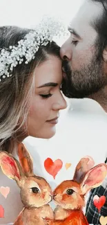 Romantic couple with bunny art in dreamy white setting.