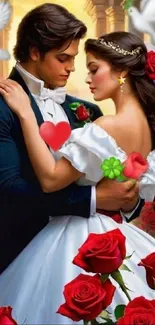 Romantic couple embracing among roses.