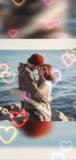 Romantic couple by the sea with heart overlays on a beach.