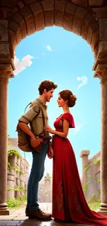 Romantic couple standing under an archway with a vivid blue sky.