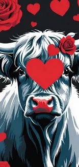 Stylized cow with red hearts and roses on dark background.