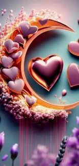 Romantic crescent moon and hearts in pink hues with floral accents on a dreamy background.