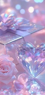 Crystal heart with pink roses and gift for mobile wallpaper.