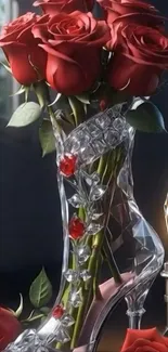 Crystal boot vase with red roses and candle.