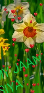 Romantic daffodil and heart wallpaper with vibrant greens.