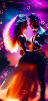 Romantic couple dancing in neon lights with hearts.