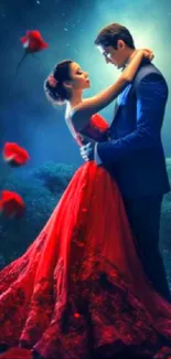 Couple in romantic dance under stars with red dress and petals.