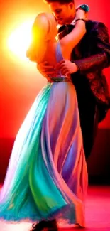 A couple creating a romantic dance silhouette amid colorful, vibrant lighting.