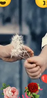 Hands exchanging dandelion with emojis, symbolizing love and connection.