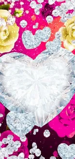 Romantic mobile wallpaper with a diamond heart and colorful roses.