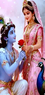 Divine romantic illustration with peacock and vibrant colors.