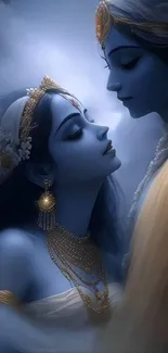 Divine romantic art of mythical couple with serene blue tones.