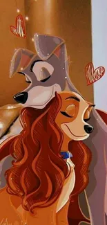 Cute romantic dogs cartoon mobile wallpaper in warm tones.