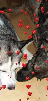 Two affectionate dogs with red hearts around them.