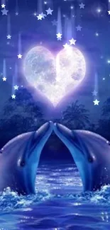 Dolphins beneath a heart-shaped moon with stars in a romantic ocean night scene.