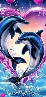 Dolphins leaping through heart-shaped waters with a vibrant background.