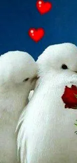 White doves with red hearts and roses on a blue background.