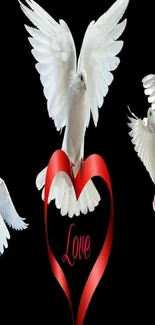 Wallpaper featuring white doves and a red heart symbolizing love and peace.