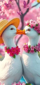 Ducks with flowers and hats in a springtime scene.