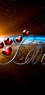 Romantic love wallpaper with hearts and Earth sunrise theme.