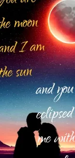 Silhouette of a couple with a solar eclipse and romantic text.