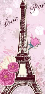 Eiffel Tower with pink flowers and 'I love Paris' text.