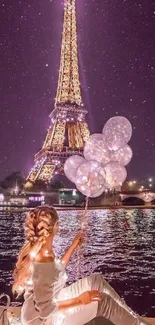 Romantic view of Eiffel Tower at night with reflections and balloons.