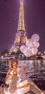 Romantic view of the Eiffel Tower by night with reflections and balloons.