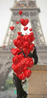 Couple in front of Eiffel Tower, Paris elegance.