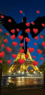 Silhouette image with hearts and Eiffel Tower at night.