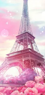 Romantic Eiffel Tower with pink sky and roses.